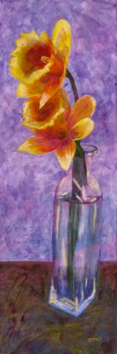 Acrylic on canvas painting of daffodils in a glass vase
