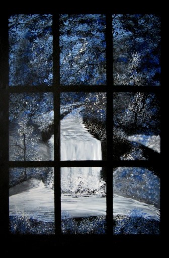 Painting of a waterfall through a window, blue tones.